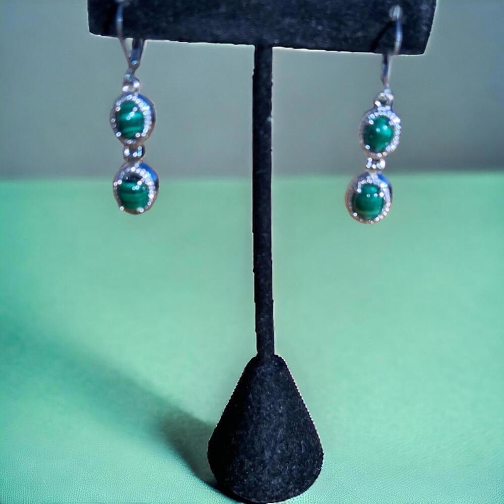 Green Malachite Double Drop Earrings With Silver Tone Setting